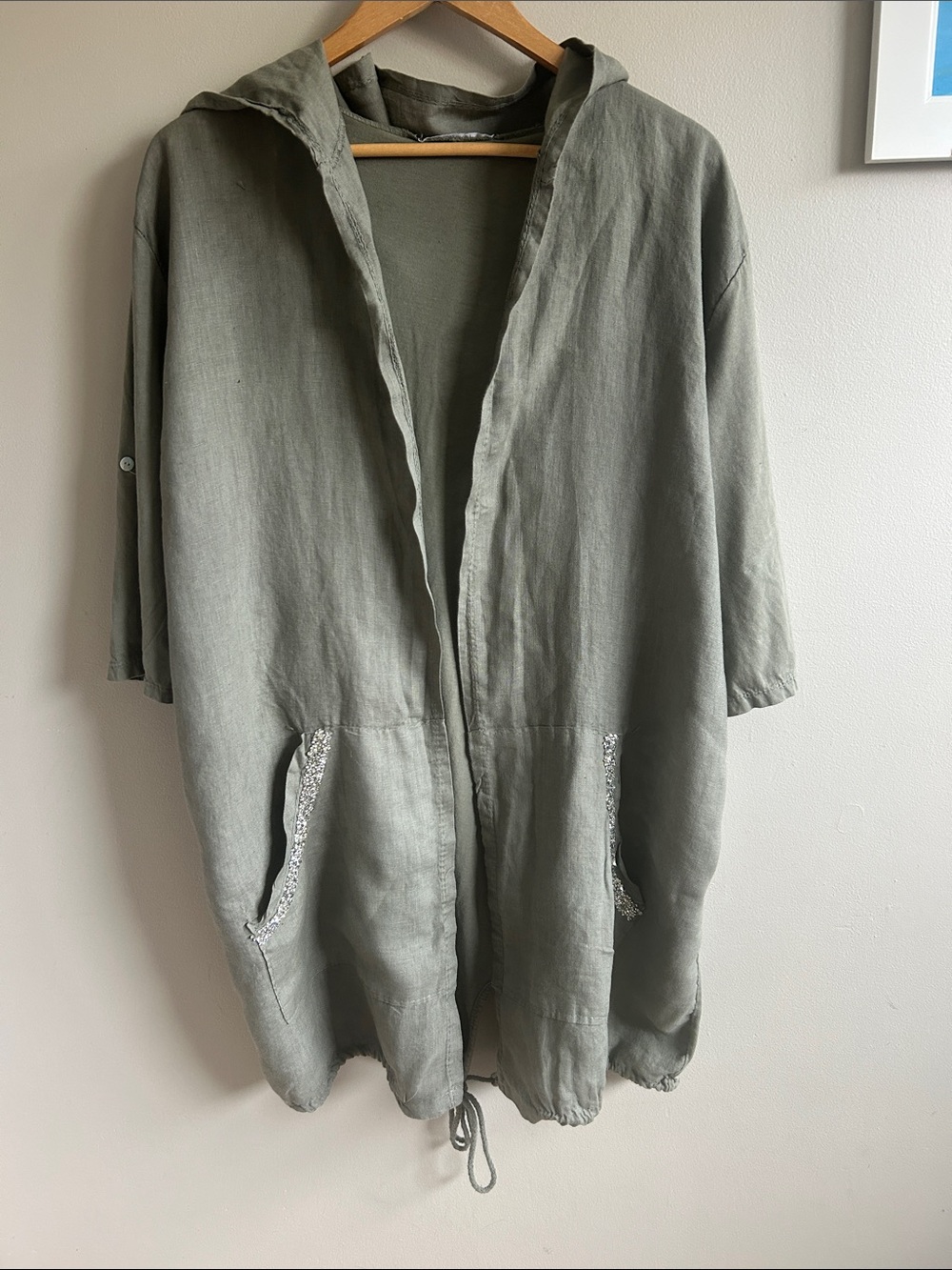Pistache Lightweight Hooded Linen Coatigan in Sage Green